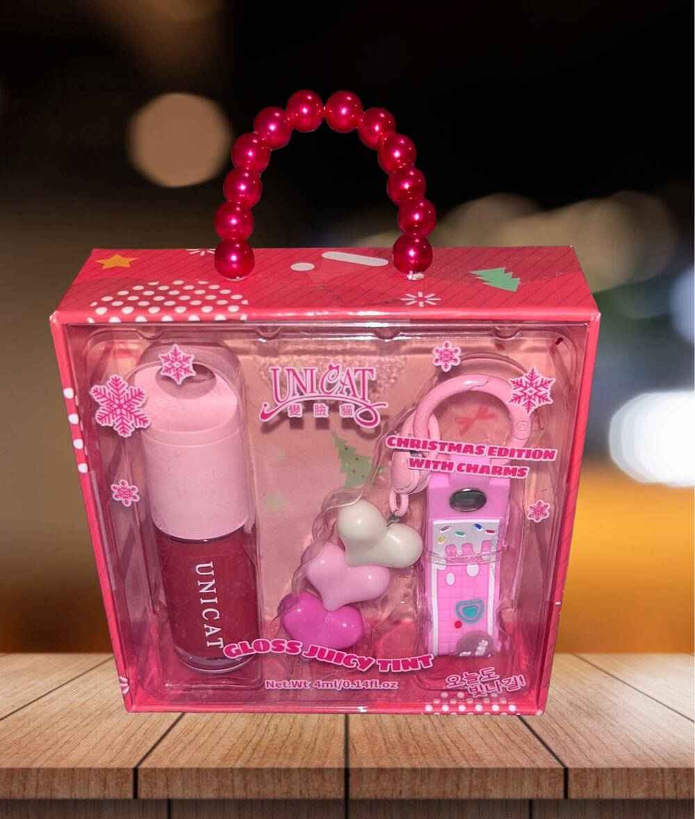 NEW! Unicat Juicy Tint Edition Set 4ml red lip gloss & heart-shaped charms